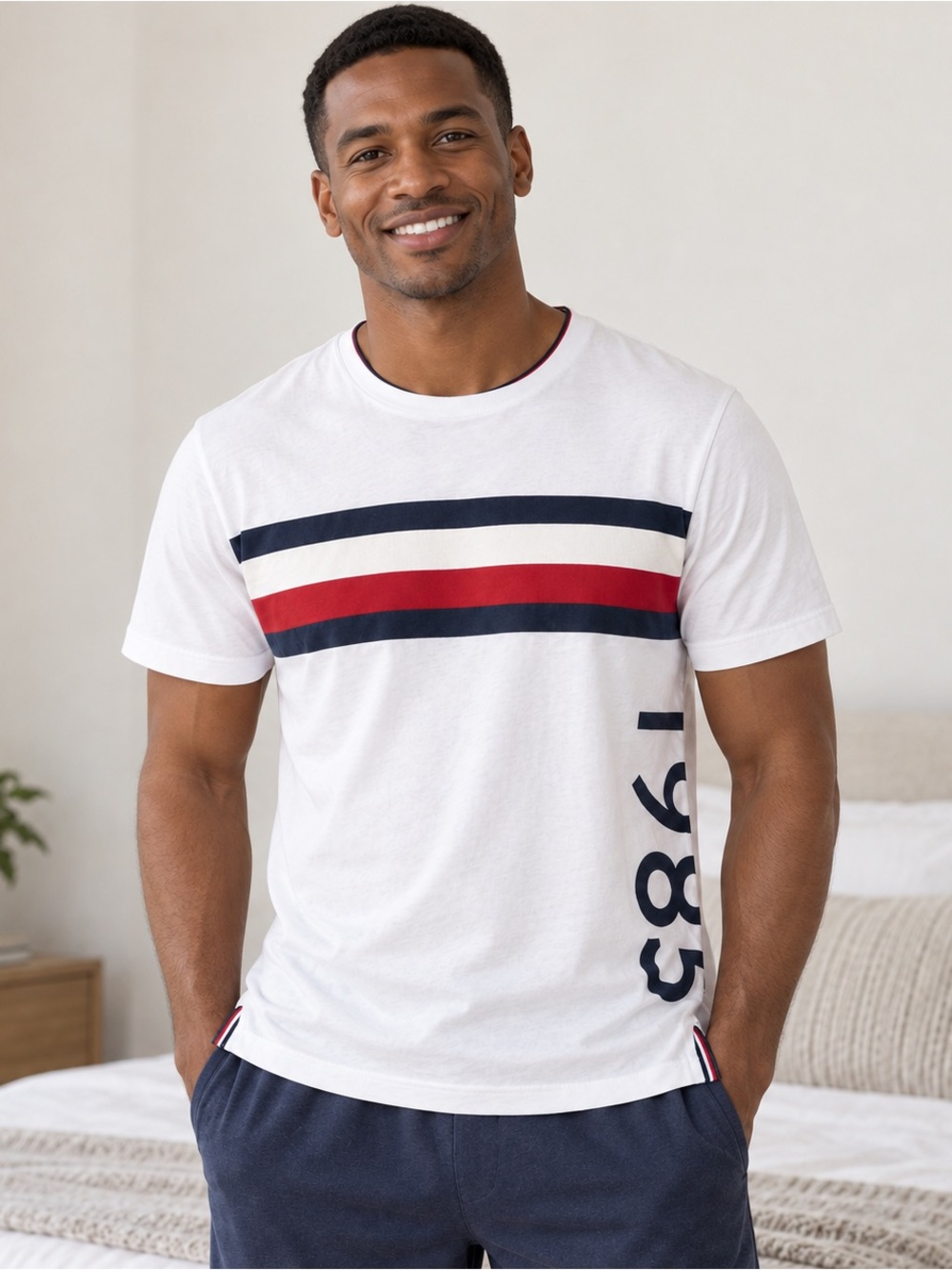 Tommy Hilfiger White Tee with Navy and Red Stripe M Logo Stripe